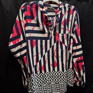 French Crown Abstract Striped Geometric Mod Popover Tunic Shirt Band Collar SZ M